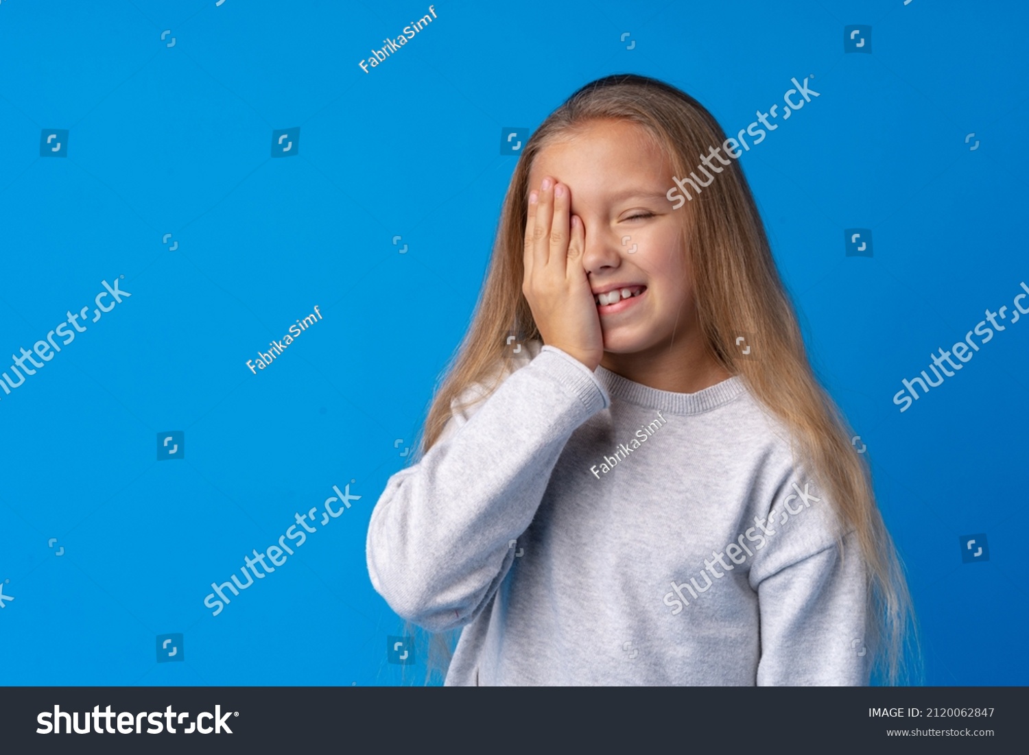 Portrait Cute Emotional Little Girl Facepalming Stock Photo 2120062847 ...