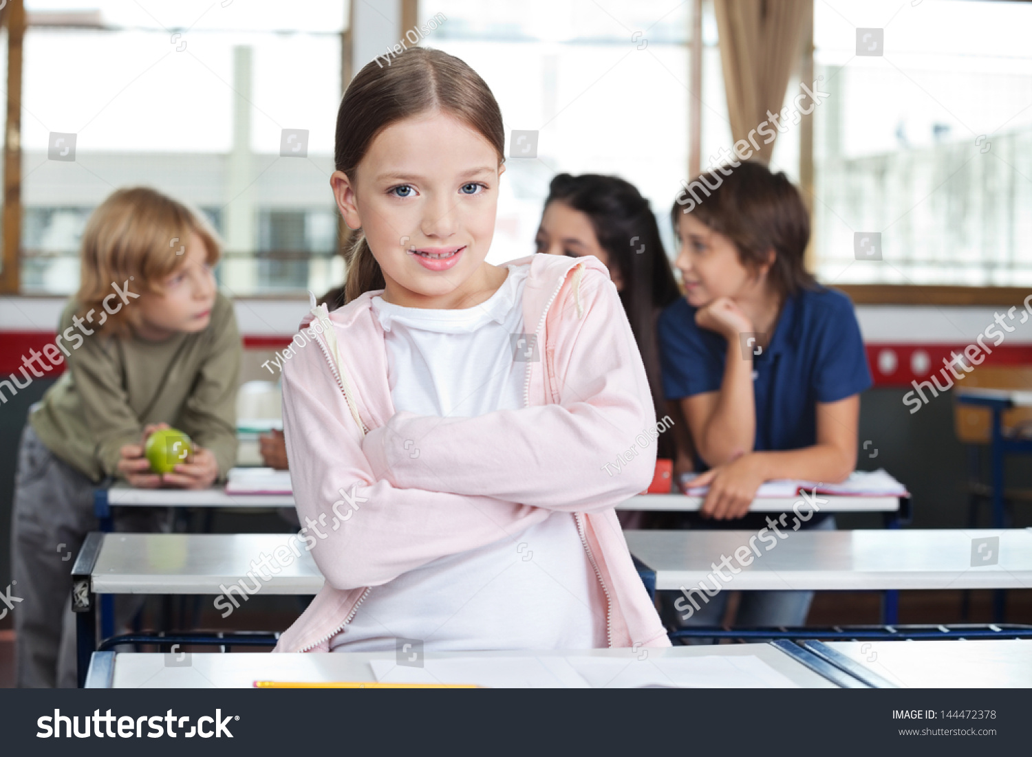 Portrait Cute Little Girl Standing Arms Stock Photo 144472378 ...