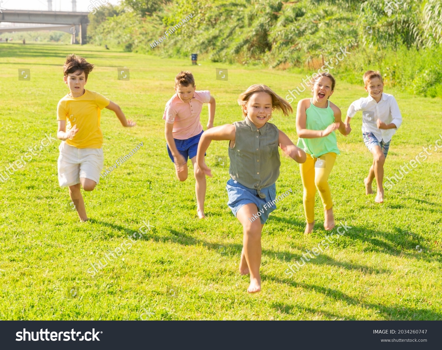 Portrait Five Smiling Preteen Kids Running Stock Photo (Edit Now ...