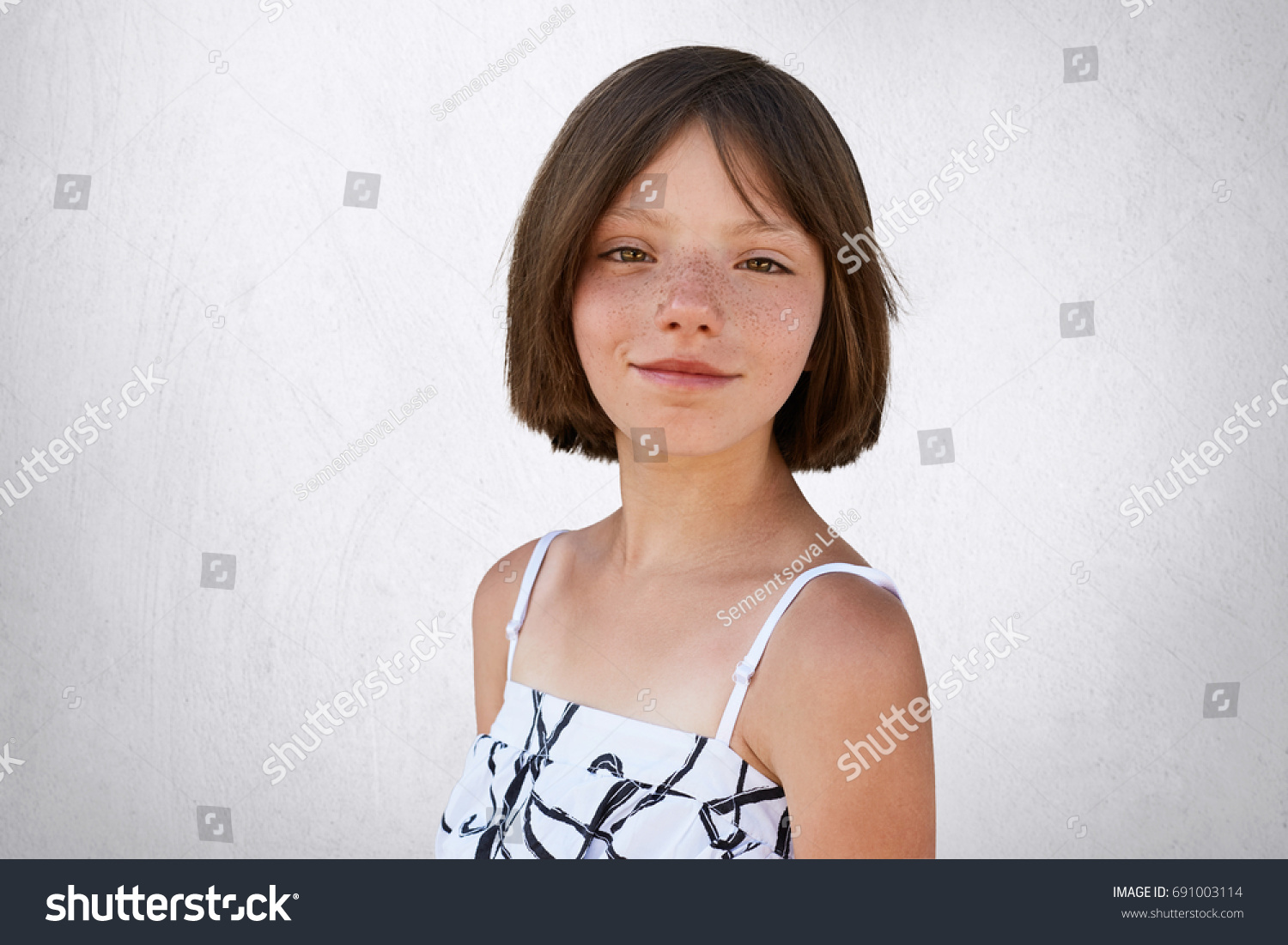 Portrait Freckled Little Girl Dark Short Stock Image Download Now