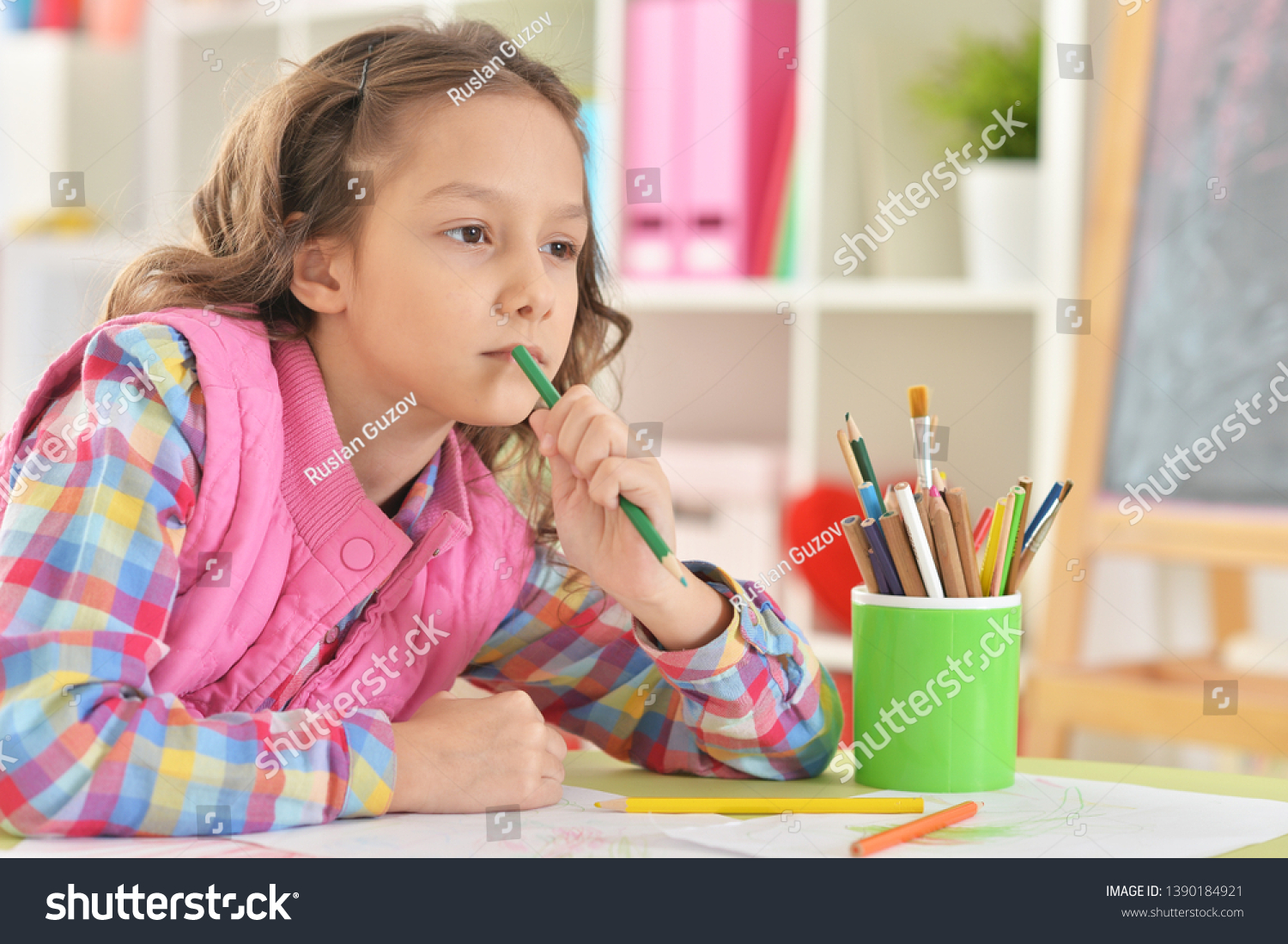 Portrait Girl Sitting Table Drawing Stock Photo 1390184921 | Shutterstock