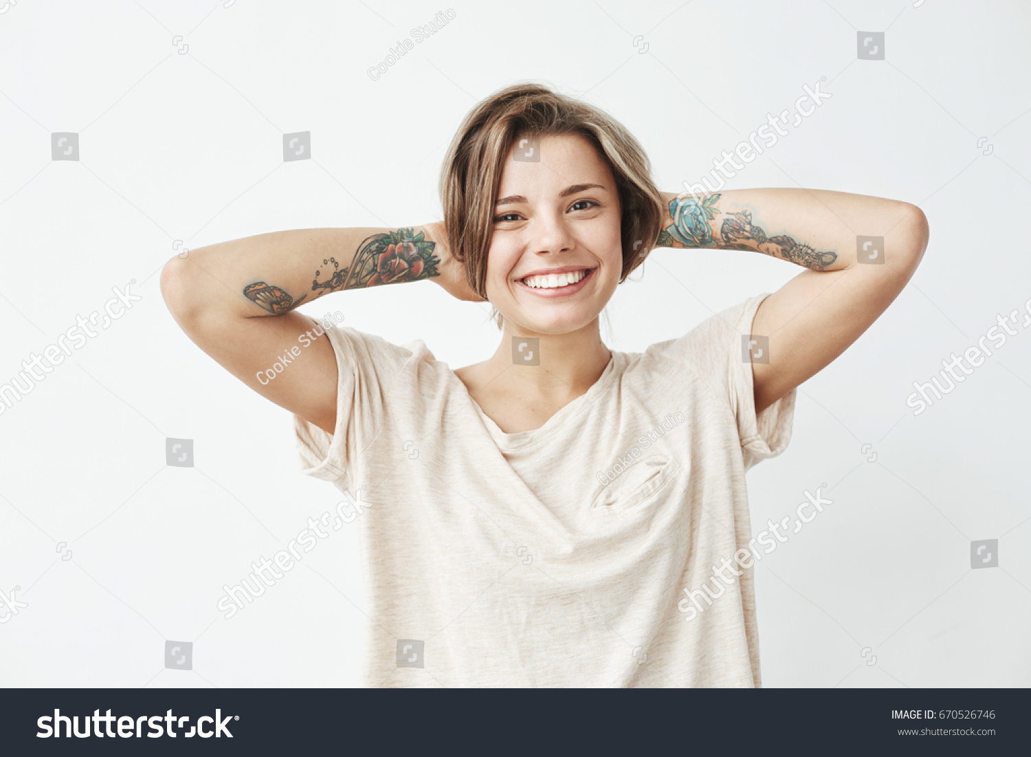 Portrait Happy Cheerful Pretty Tattooed Girl Stock Photo 670526746 ...