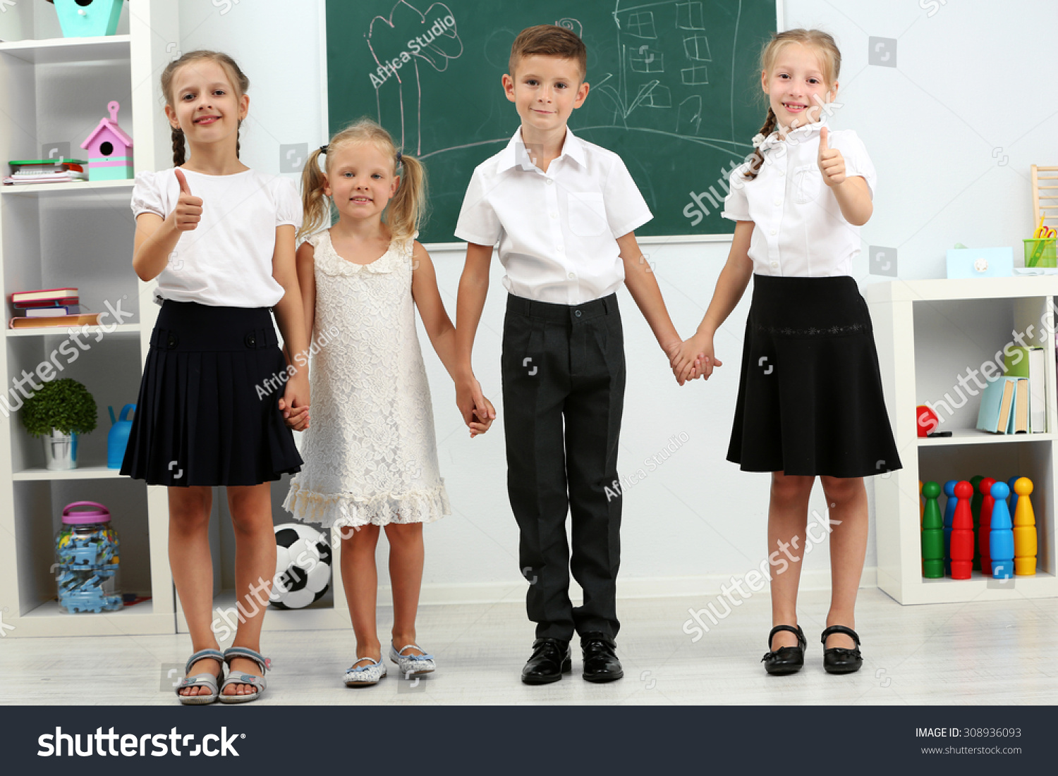 Portrait Happy Classmates Looking Camera Classroom Stock Photo ...