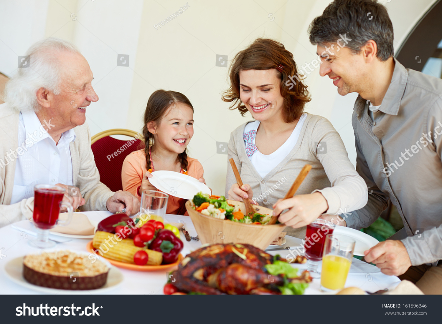 Portrait Happy Family Sitting Festive Table Stok Foto Raf 161596346   Stock Photo Portrait Of Happy Family Sitting At Festive Table While Having Thanksgiving Dinner 161596346 