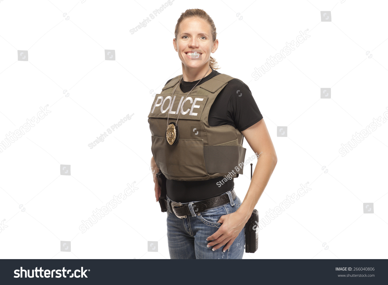 Portrait Happy Female Police Officer Standing Stock Photo