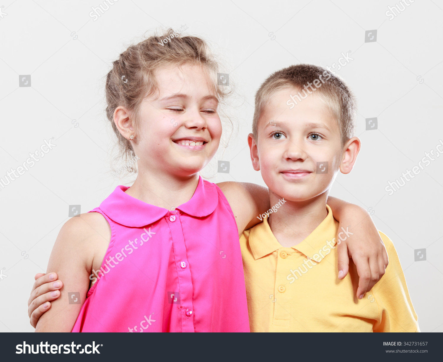 Portrait Of Happy Joyful Smiling Sweet Cute Kids Little Girl And Boy In ...