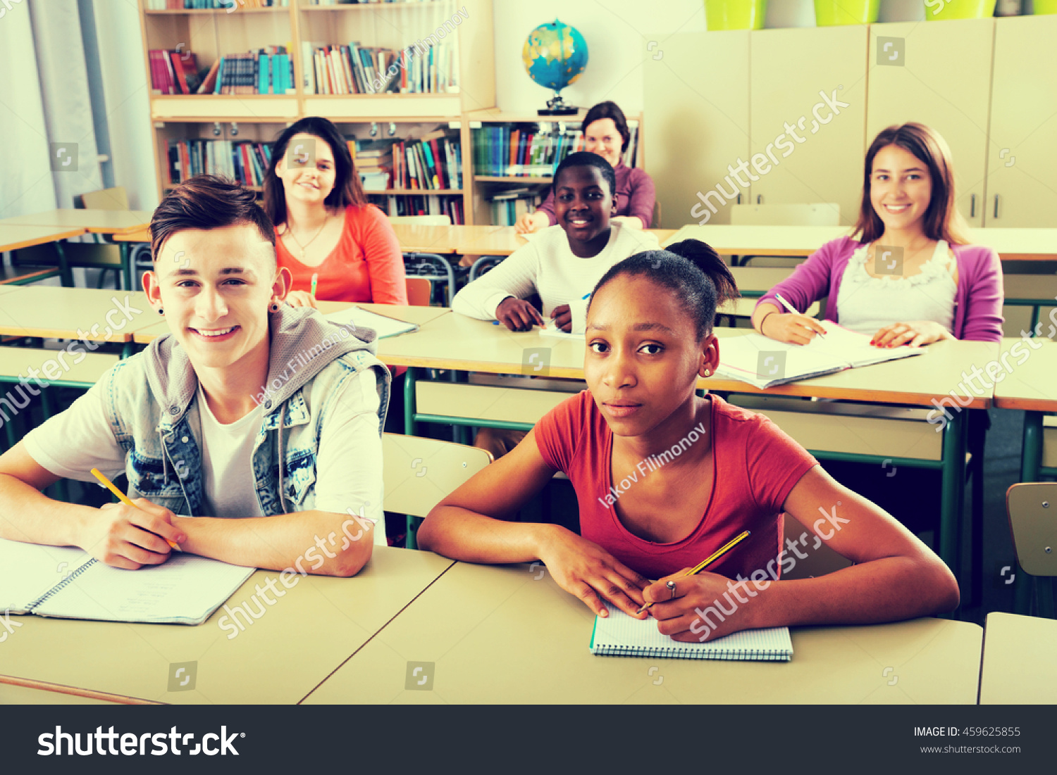 Portrait Happy Multiethnic School Pupils Taking Stock Photo 459625855 ...