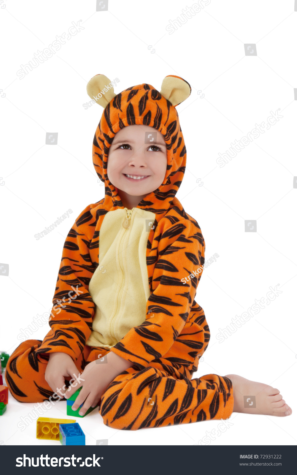Portrait Of Little Boy In Tiger Costume Playing With Construction Set ...