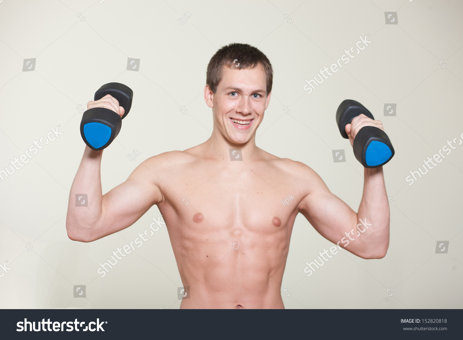 Portrait Muscular Man Naked Torso Dumbbells Stock Photo Shutterstock