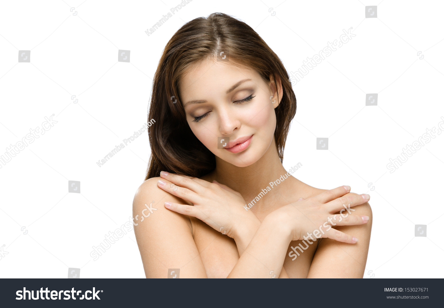 Portrait Naked Girl Eyes Closed Touching Stock Photo