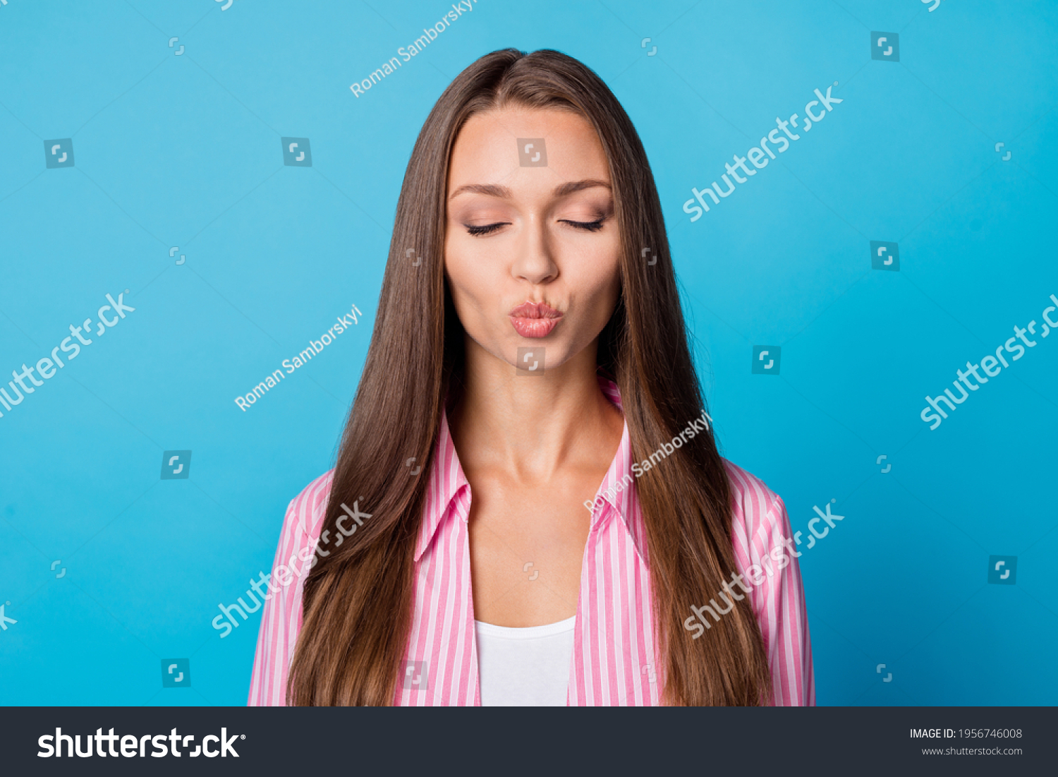 Portrait Optimistic Brunette Lady Blow Kiss Stock Photo Shutterstock