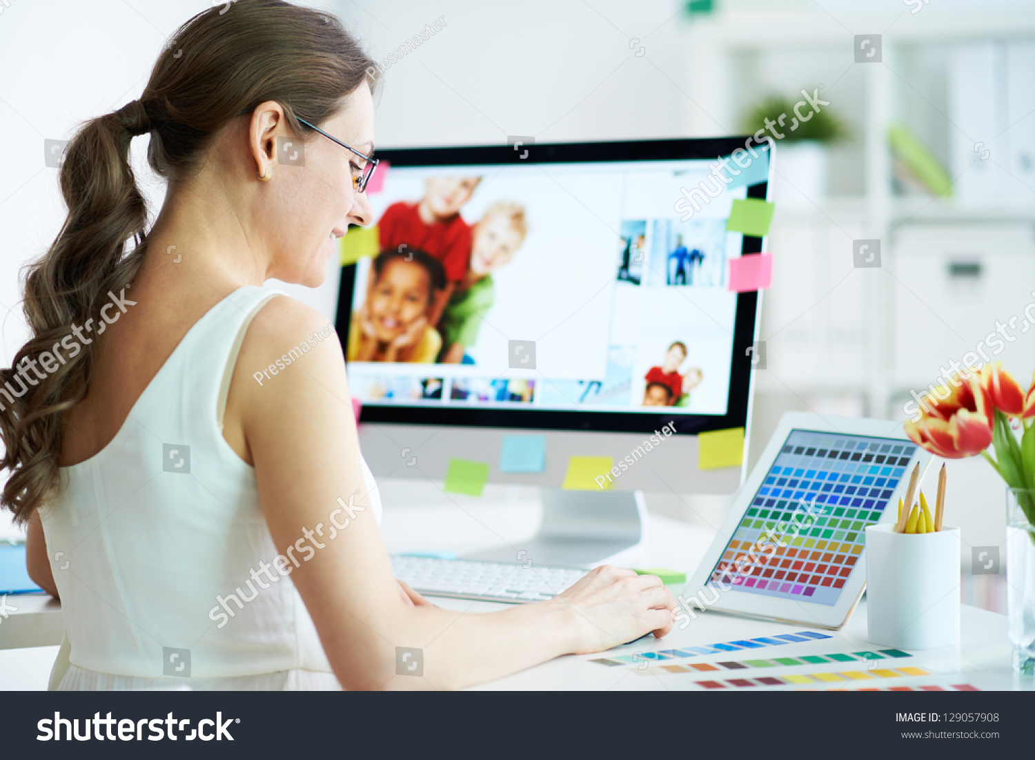 Portrait Pretty Female Designer Working Colors Stock Photo ...  Portrait of pretty female designer working with colors at home