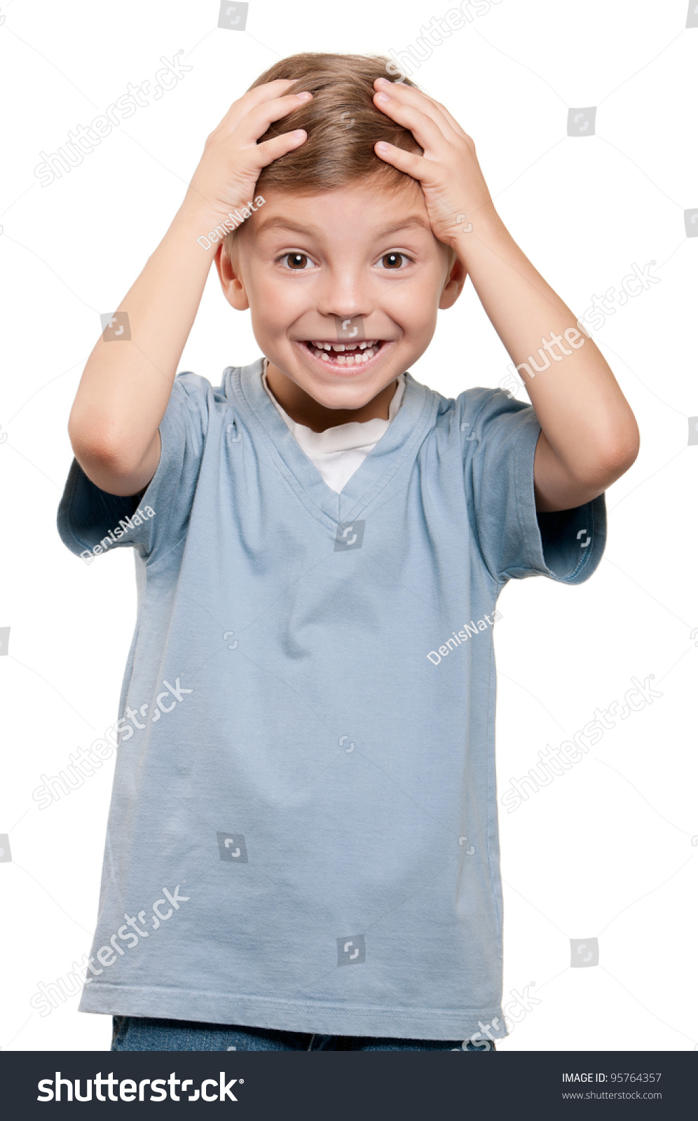 Portrait Of Shocked Little Boy With Hands On Head Over White Background ...