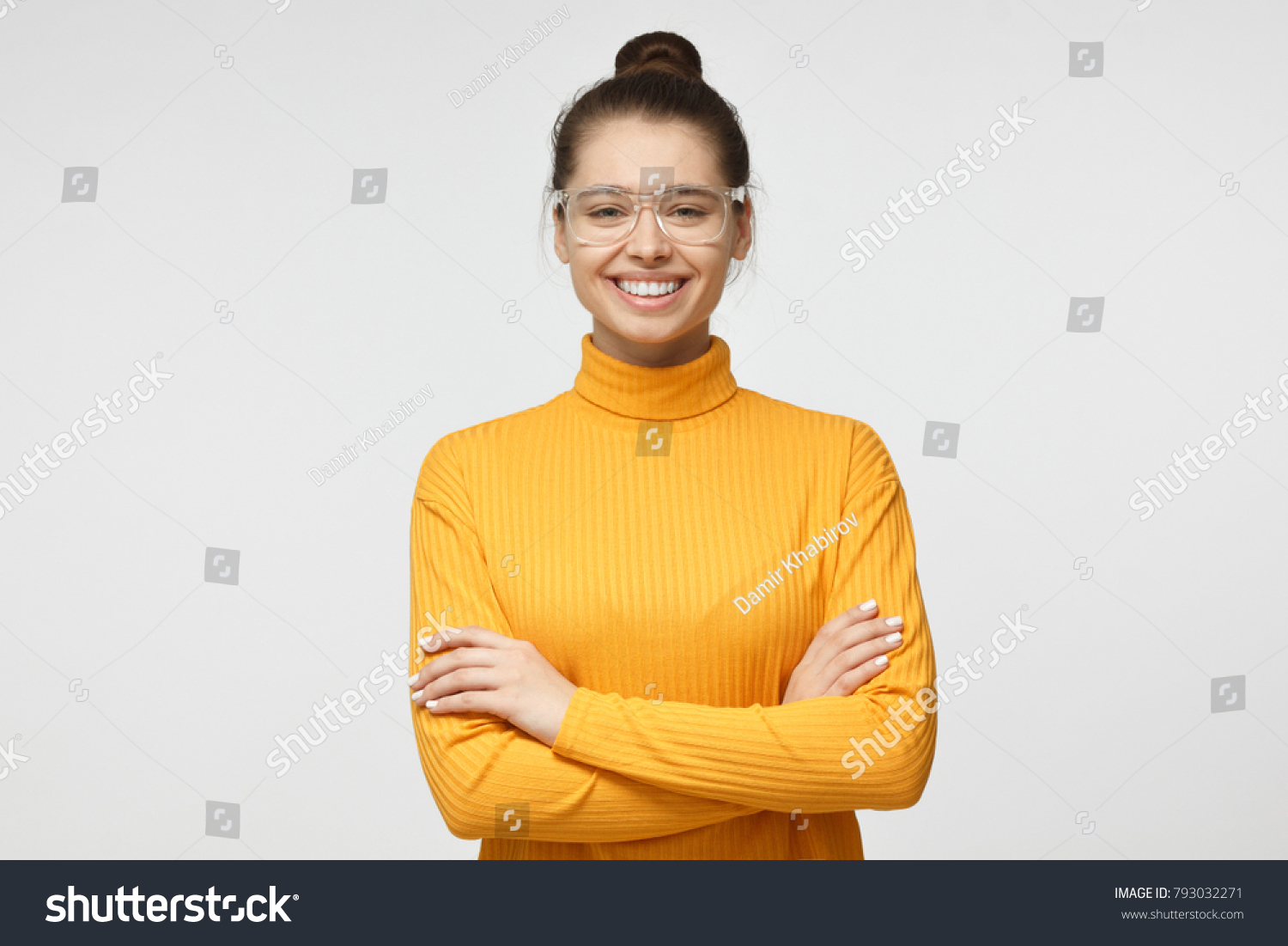 2 104 Sweater Mustard Images Stock Photos Vectors Shutterstock   Stock Photo Portrait Of Smiling Attractive Female In Mustard Yellow Sweater And Transparent Eyeglasses 793032271 