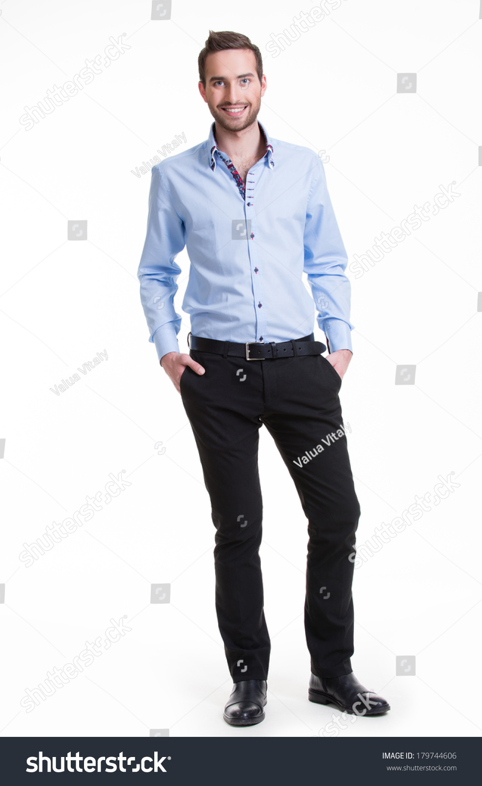light blue shirt with black jeans