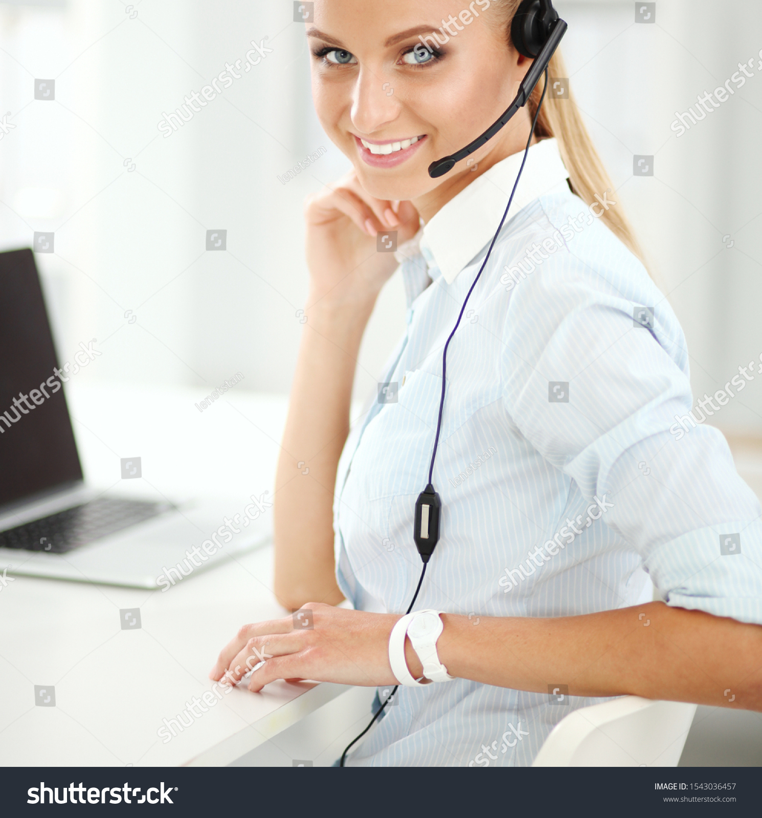  Sky Blue Classic  Template Design Featuring Portrait of Smiling Receptionist