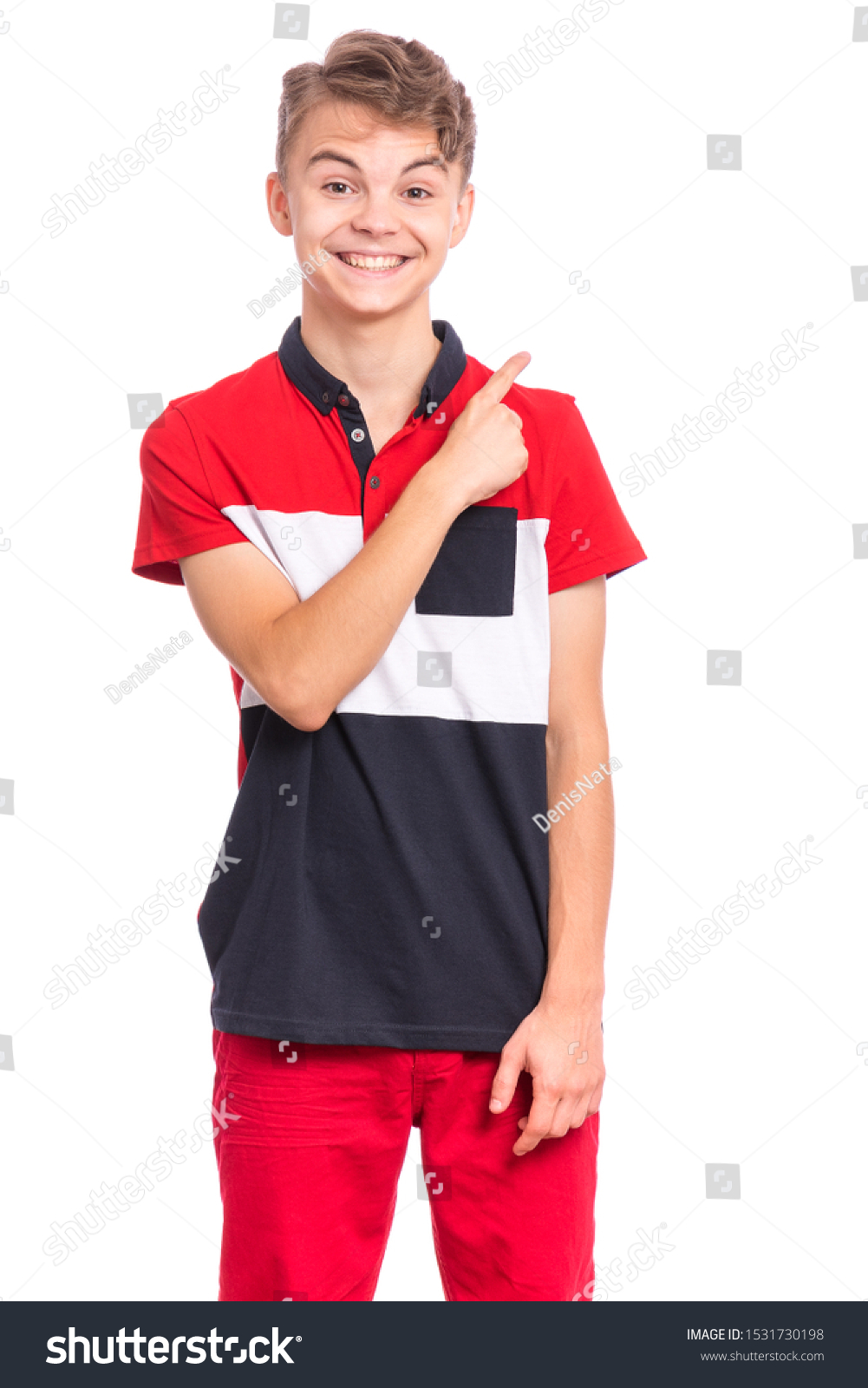 Portrait Teen Boy Pointing Back Behind Stock Photo 1531730198 ...