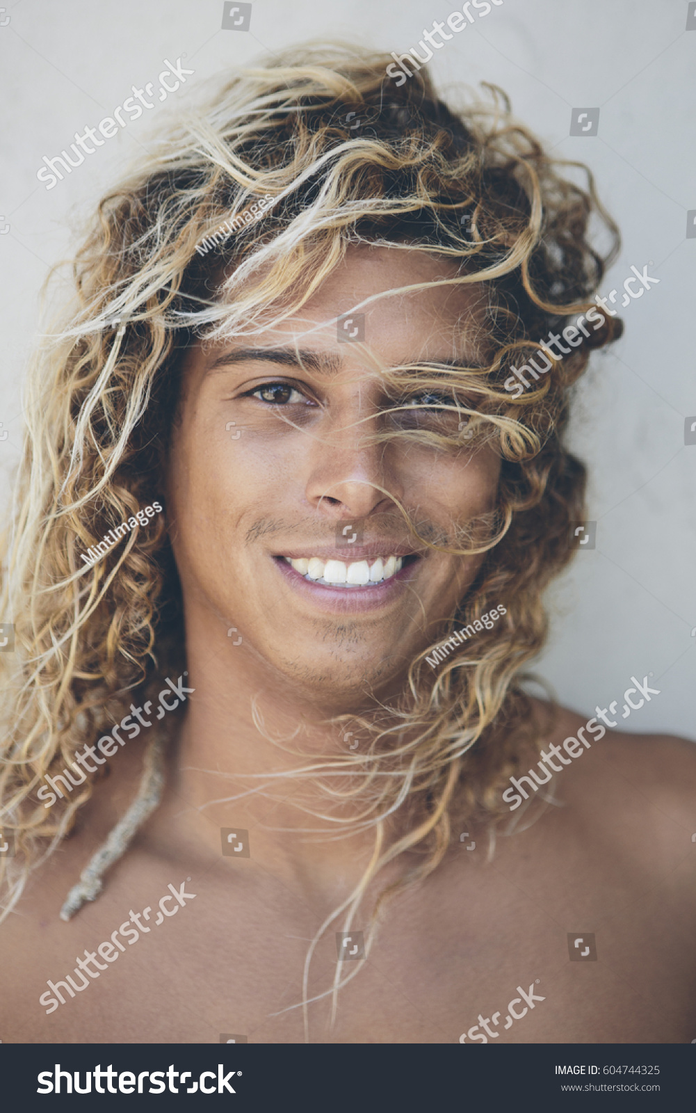 Portrait Young Hispanic Surfer Bleached Blonde Stock Photo
