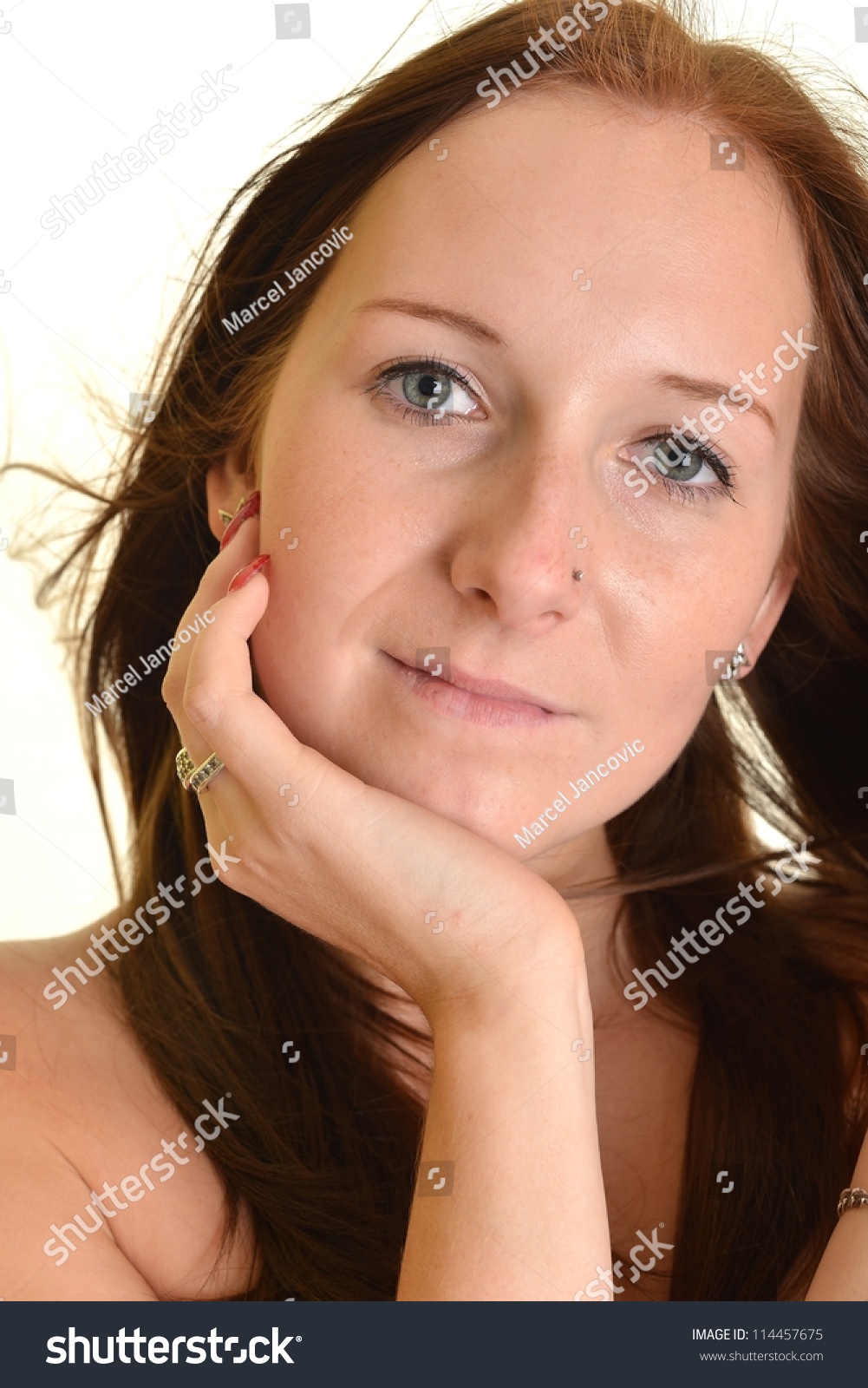 Portrait Of Young Woman Against A White Background Stock Photo ...