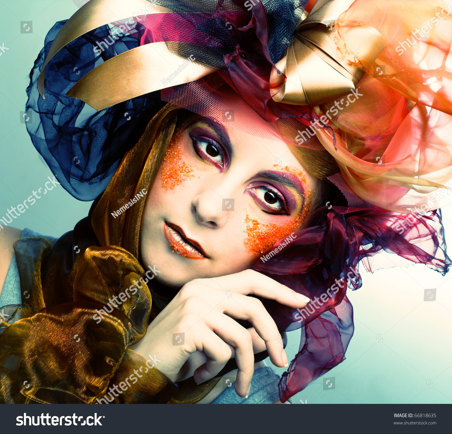 Portrait Of Young Woman With Creative Make-Up In Doll Style Stock Photo ...