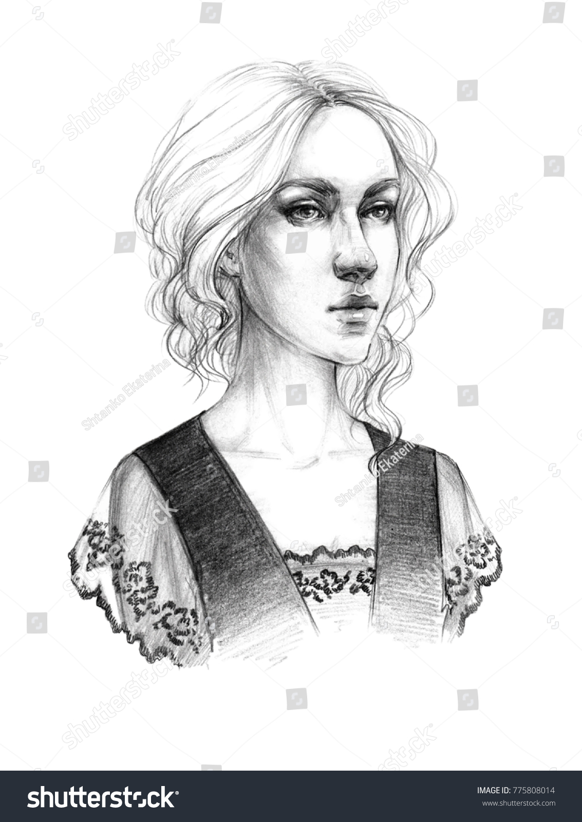 Portrait sketch of a young beautiful girl with light wavy hair and in a black dress