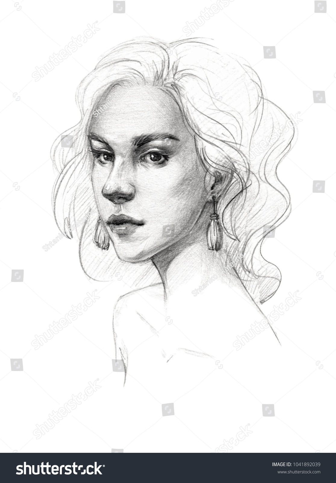 Portrait sketch of a young beautiful girl with light wavy hair and stylish earrings pencil drawing