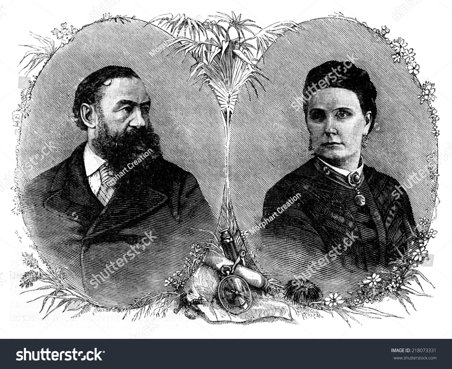 Portraits Of Sir Samuel And Lady Baker, Vintage Engraved Illustration ...