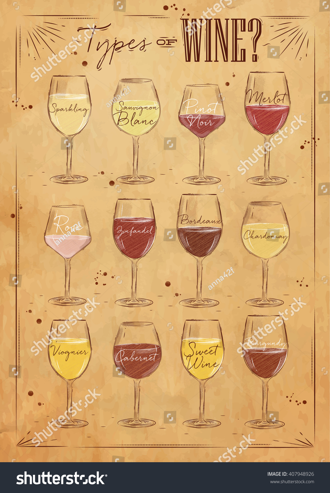stock photo poster main types of wine sparkling sauvignon blanc pinot noir merlot rose zinfandel bordeaux 407948926