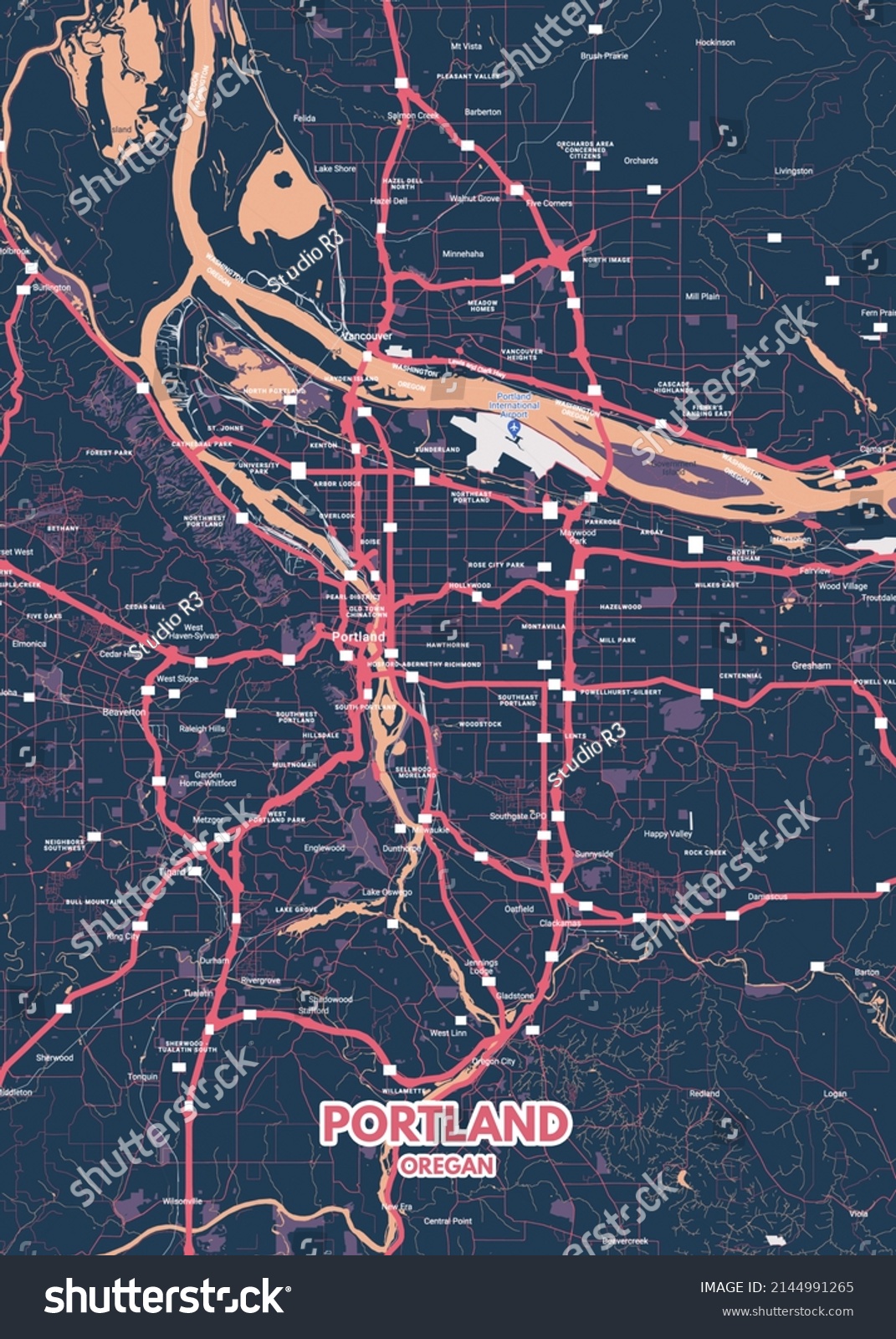 Poster Portland Oregan Maproad Map Illustration Stock Illustration   Stock Photo Poster Portland Oregan Map Road Map Illustration Of Portland Oregan Streets Transportation 2144991265 