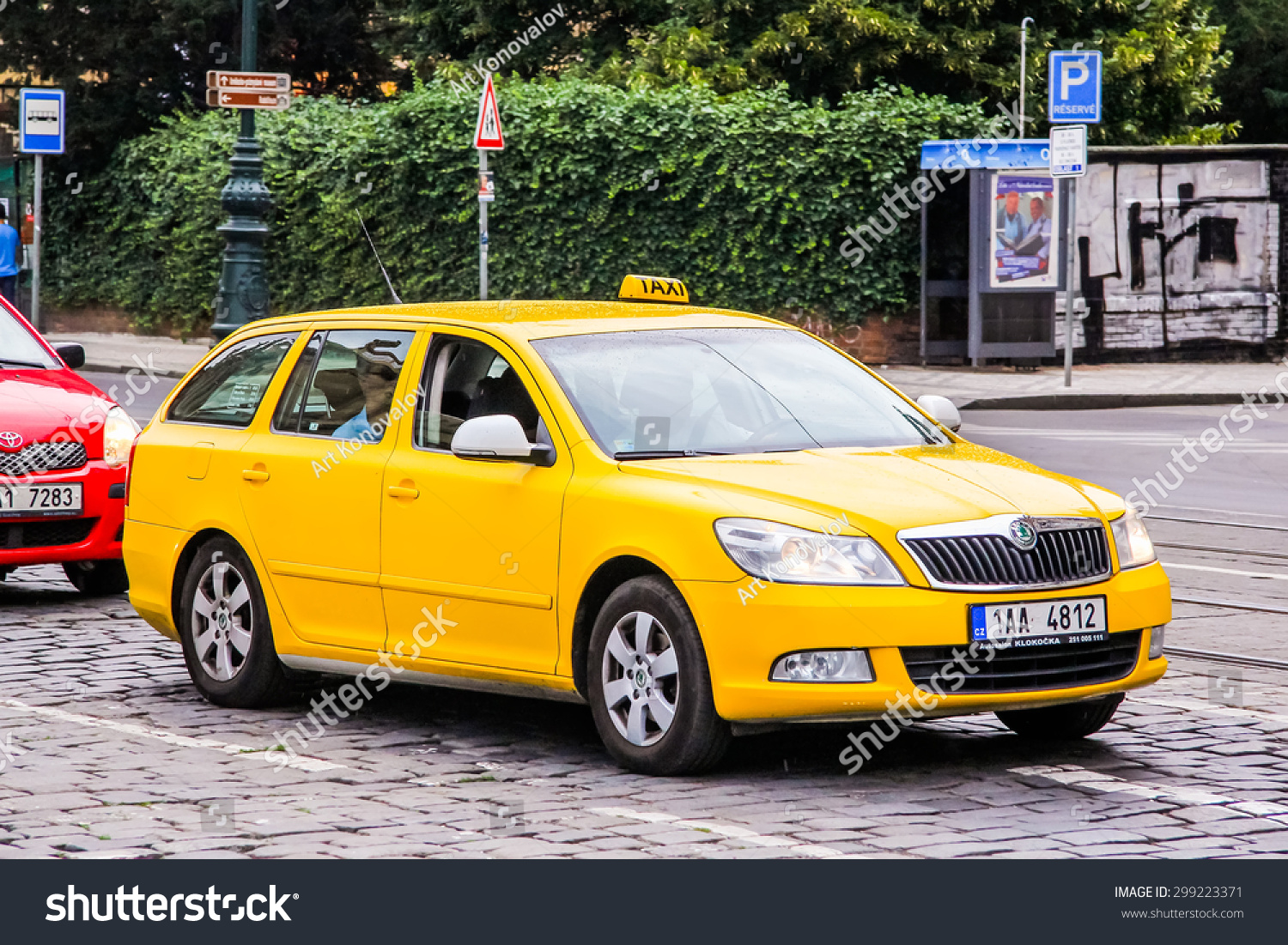 Prague, Czech Republic - July 21, 2014: Yellow Taxi Car Skoda Octavia ...