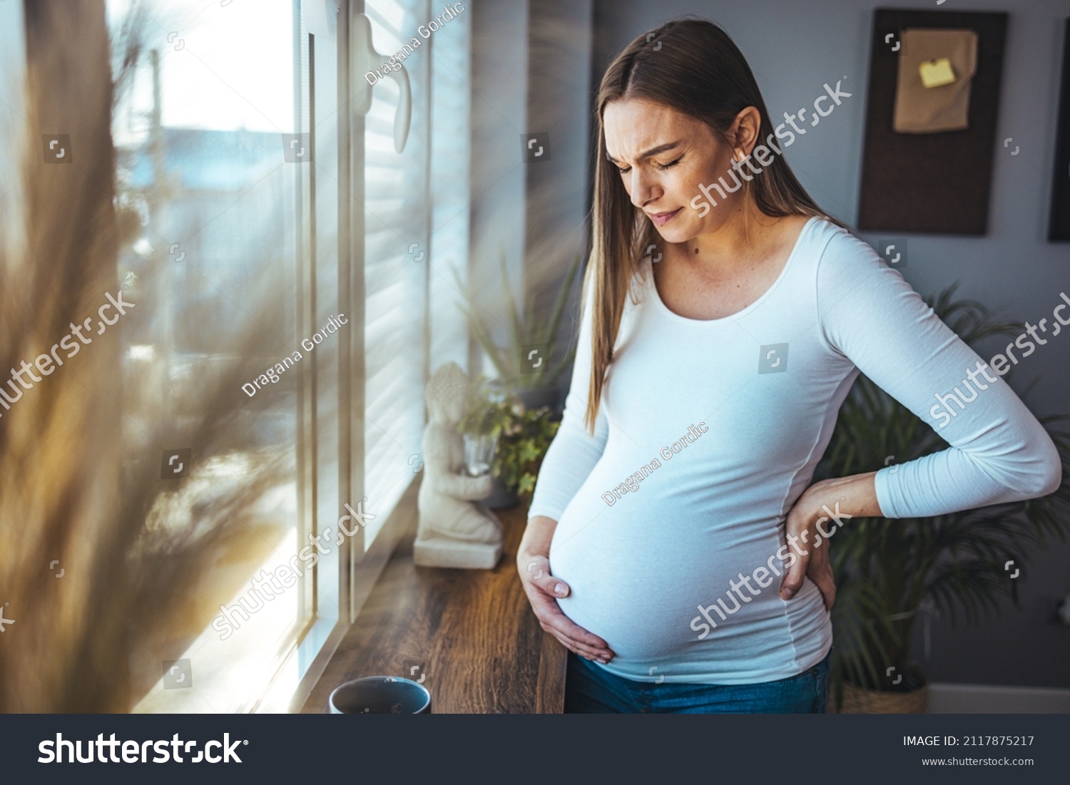 Pregnant Woman Feels Stomach Pain Tries Stock Photo 2117875217 ...