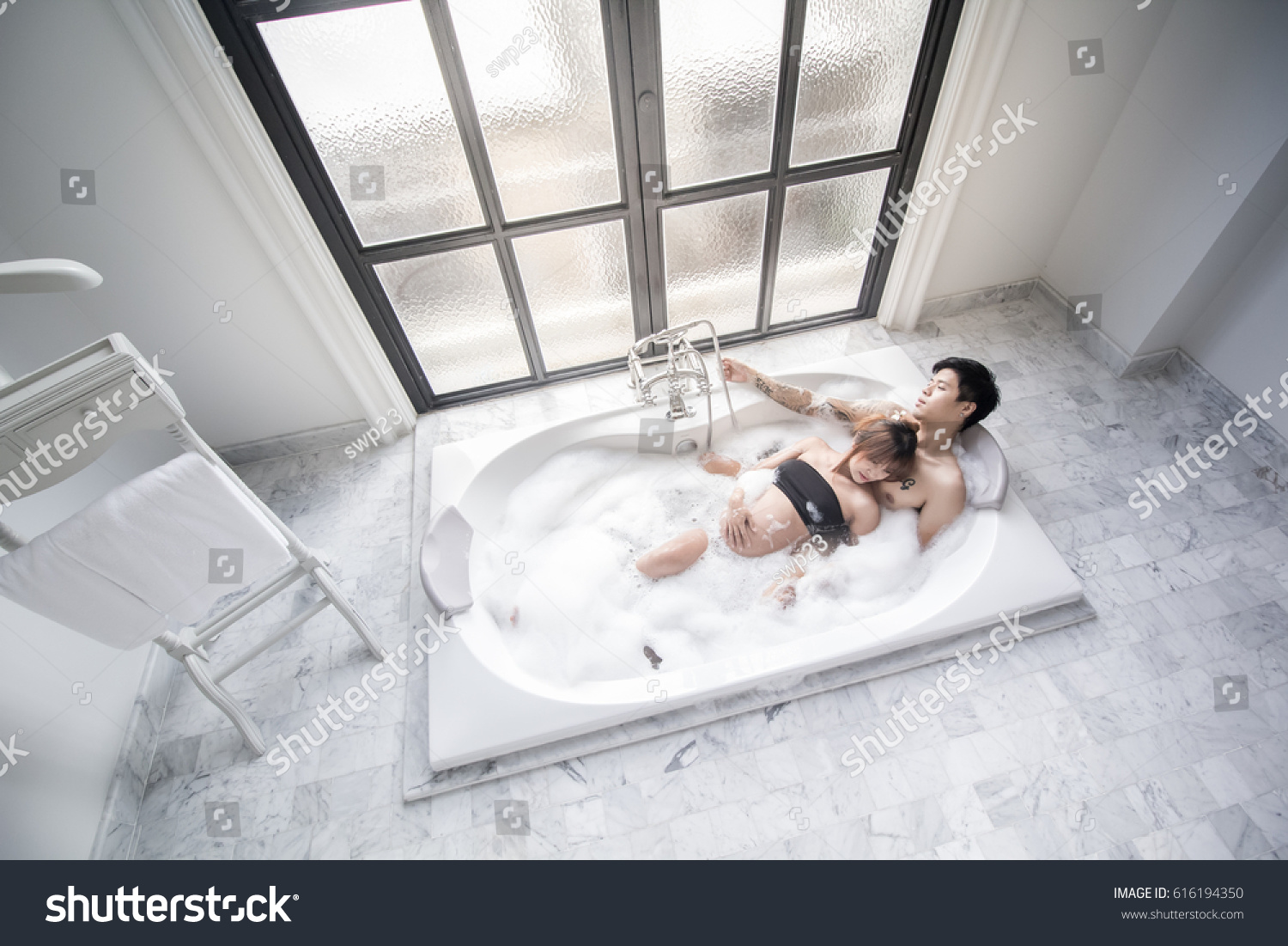 Pregnant Woman Her Husband Bathtub Big Stock Photo Edit Now 616194350