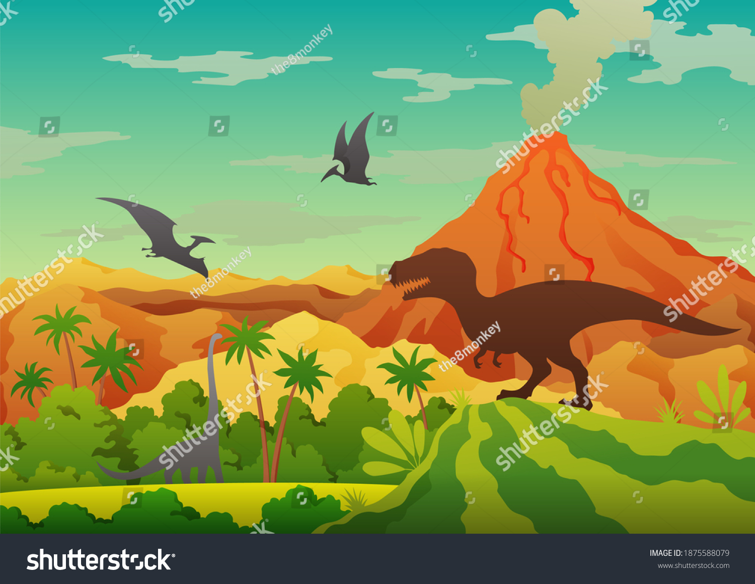 Prehistoric Landscape Volcano Smoke Mountains Dinosaurs Stock ...