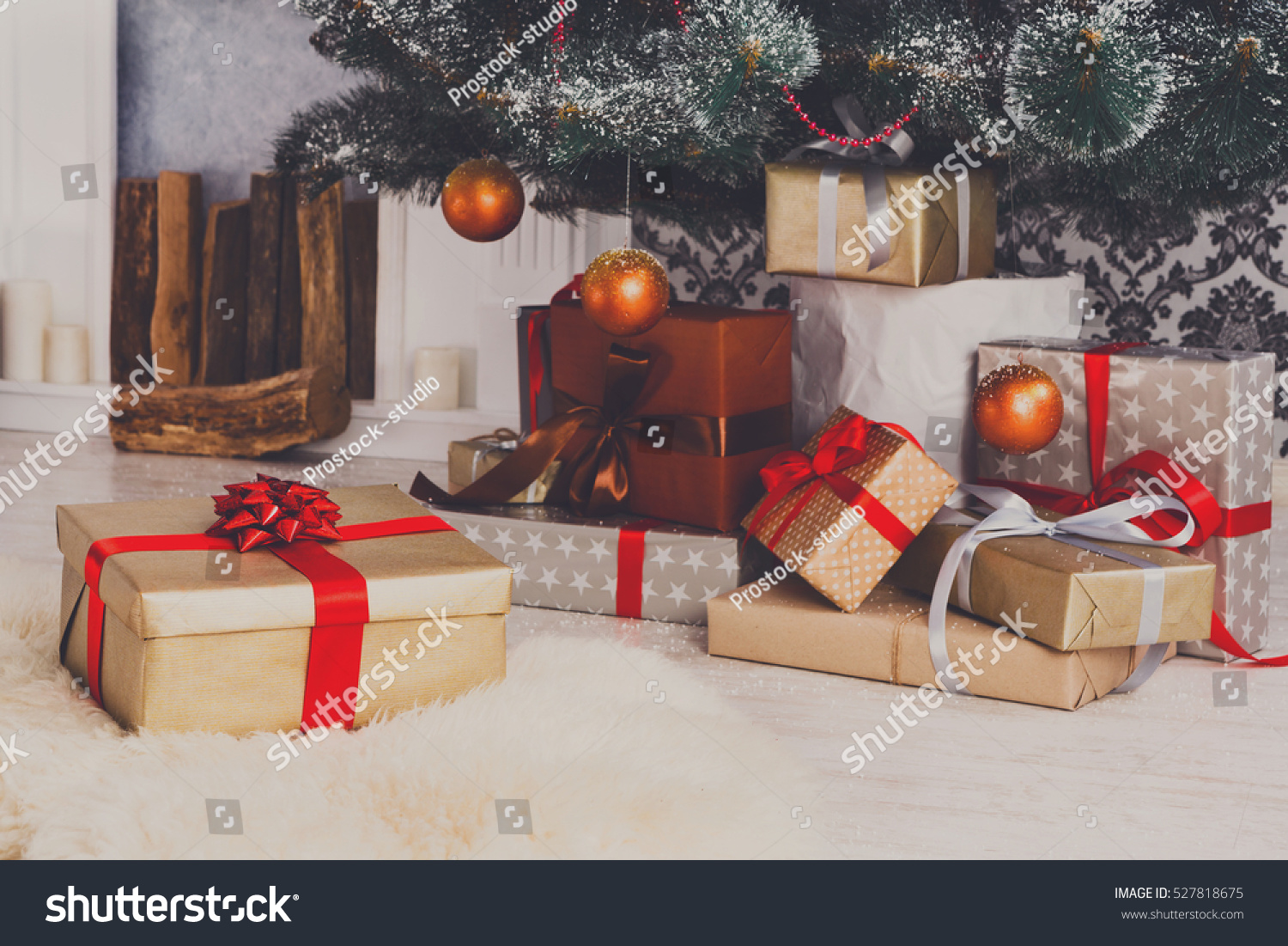 Presents And Gifts Under Christmas Tree Winter Holiday Concept