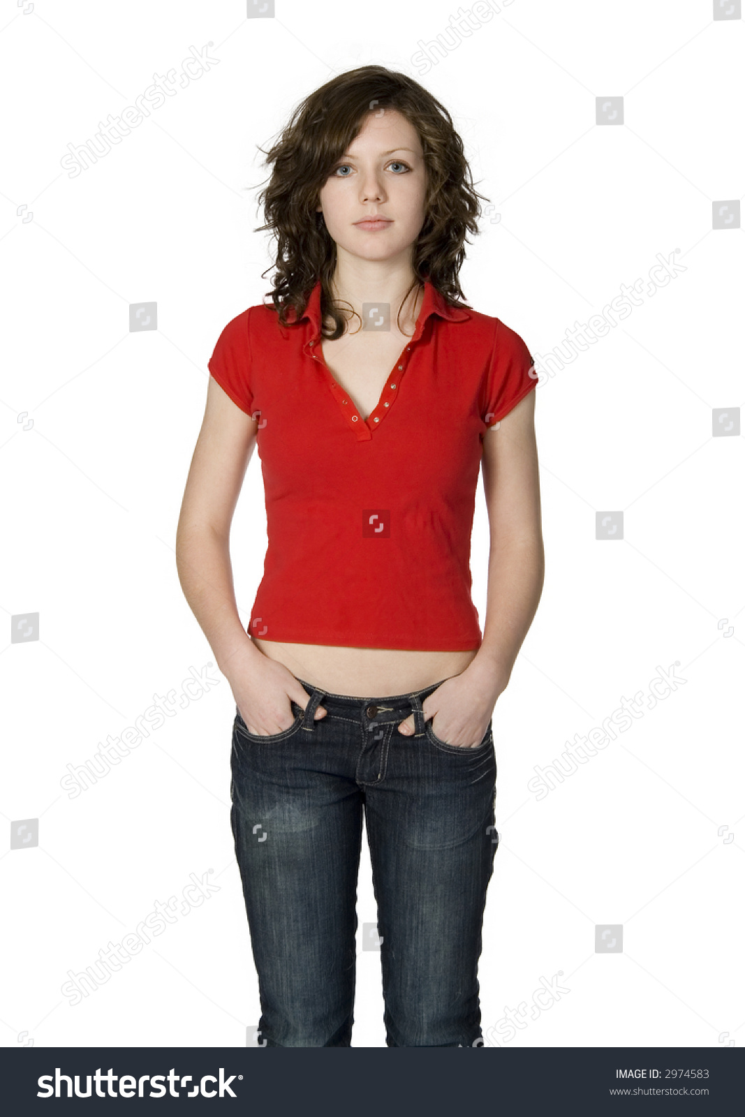 Pretty Brunette Teenage Girl Standing, Plain Clothes, Isolated On White ...