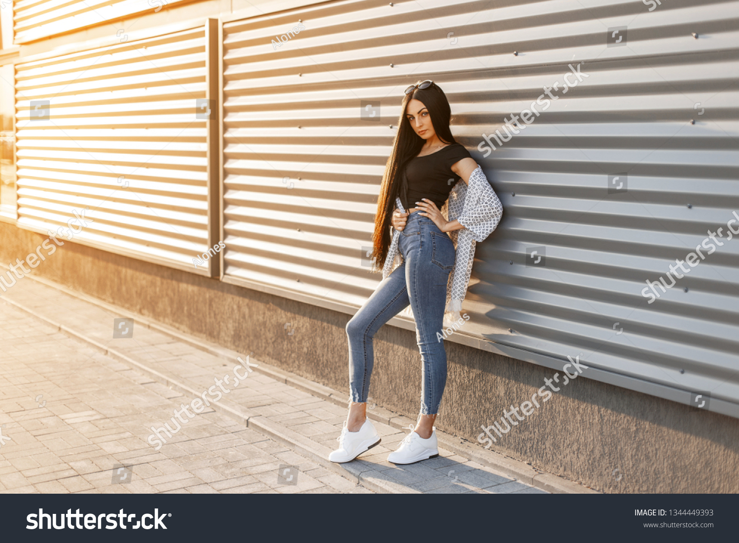 Pretty Fashionable Young Woman Blue Jeans Stock Photo Edit Now