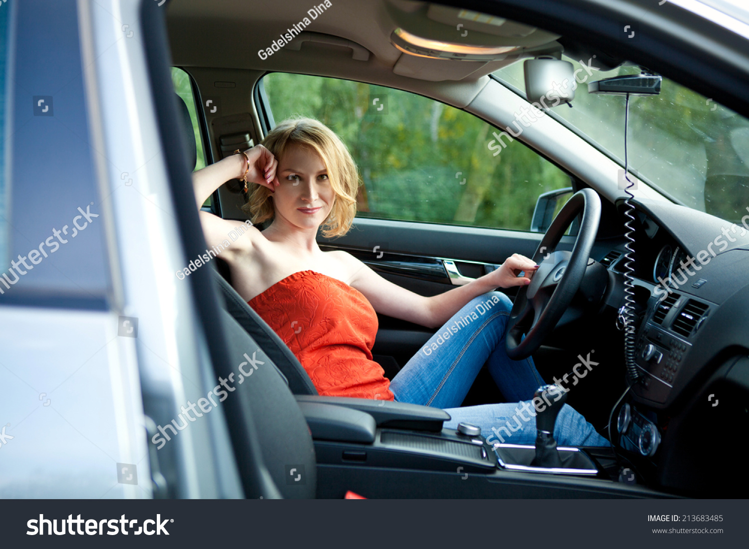 Pretty Girl Driving Car Inside Cabin Stock Photo (Edit Now) 213683485 ...