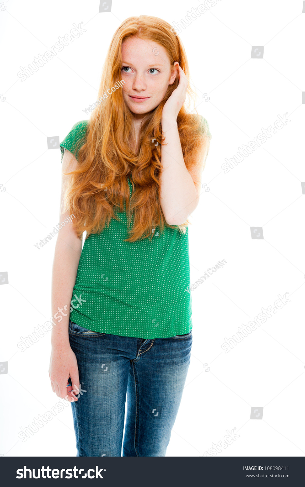 Pretty Girl With Long Red Hair Wearing Green Shirt. Natural Beauty ...