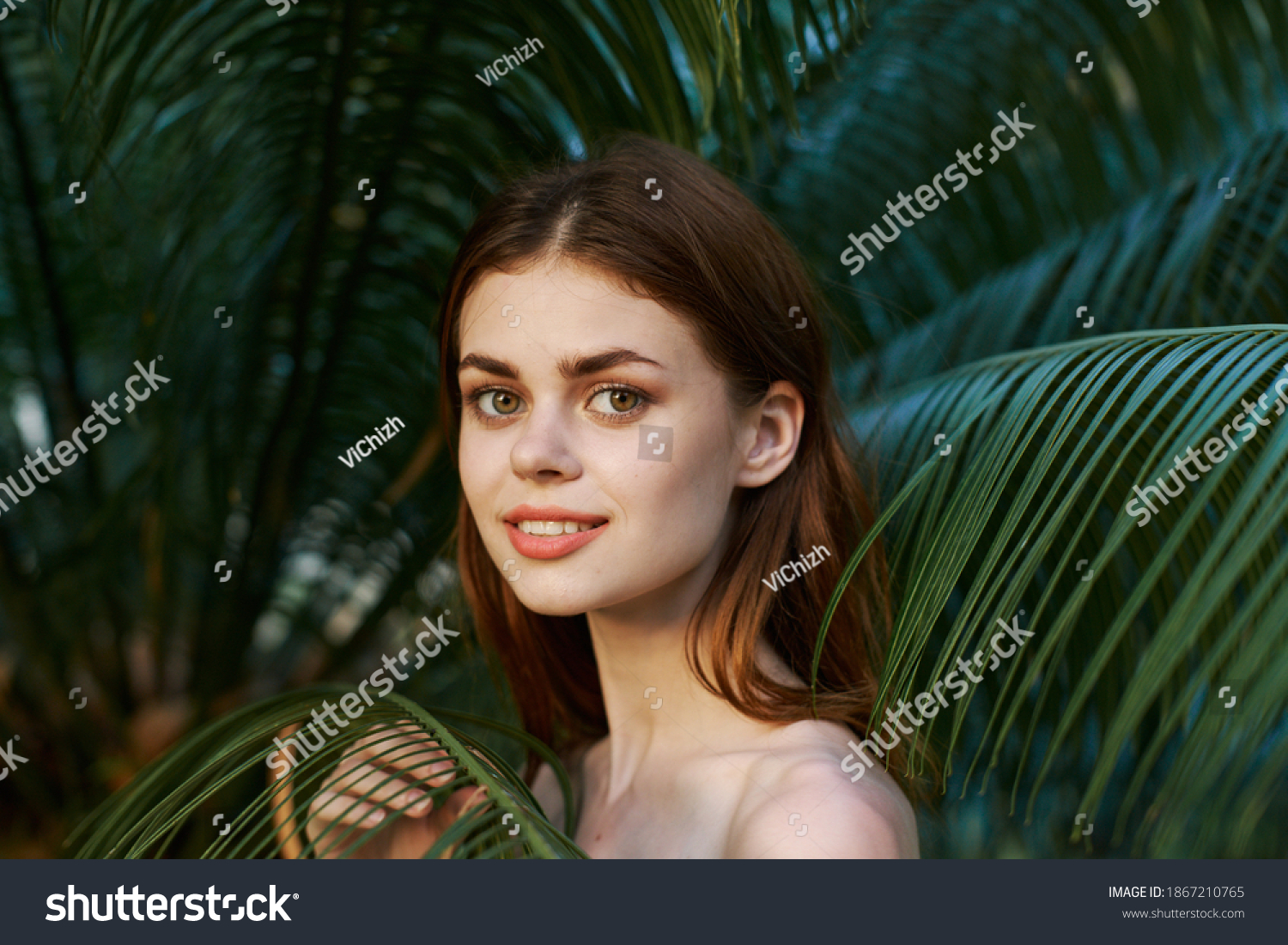 Pretty Woman Naked Shoulders Green Leaves Stock Photo Shutterstock