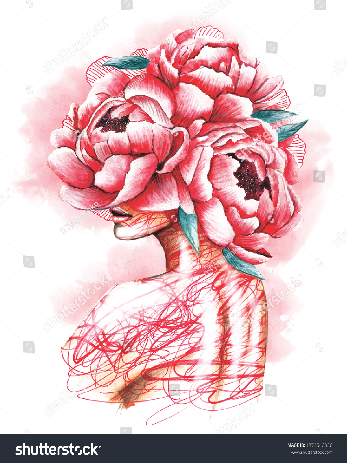 7 481 Art Fashion Girl Lady Makeup Card Pretty Images Stock Photos   Stock Photo Pretty Young Girl With Peonies In Hair Hand Drawn Watercolor Fashion Illustration In Pink Color 1873546336 