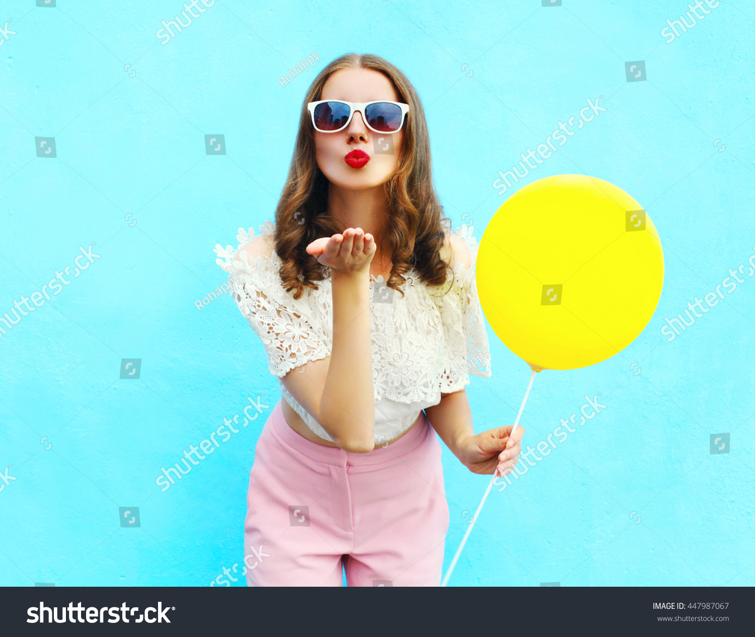 Pretty Young Woman Sunglasses Air Balloon Stock Photo 447987067 ...