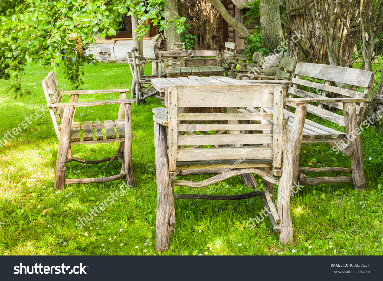 Primitive Chairs Benches Tables Outdoors Made Stock Photo Edit