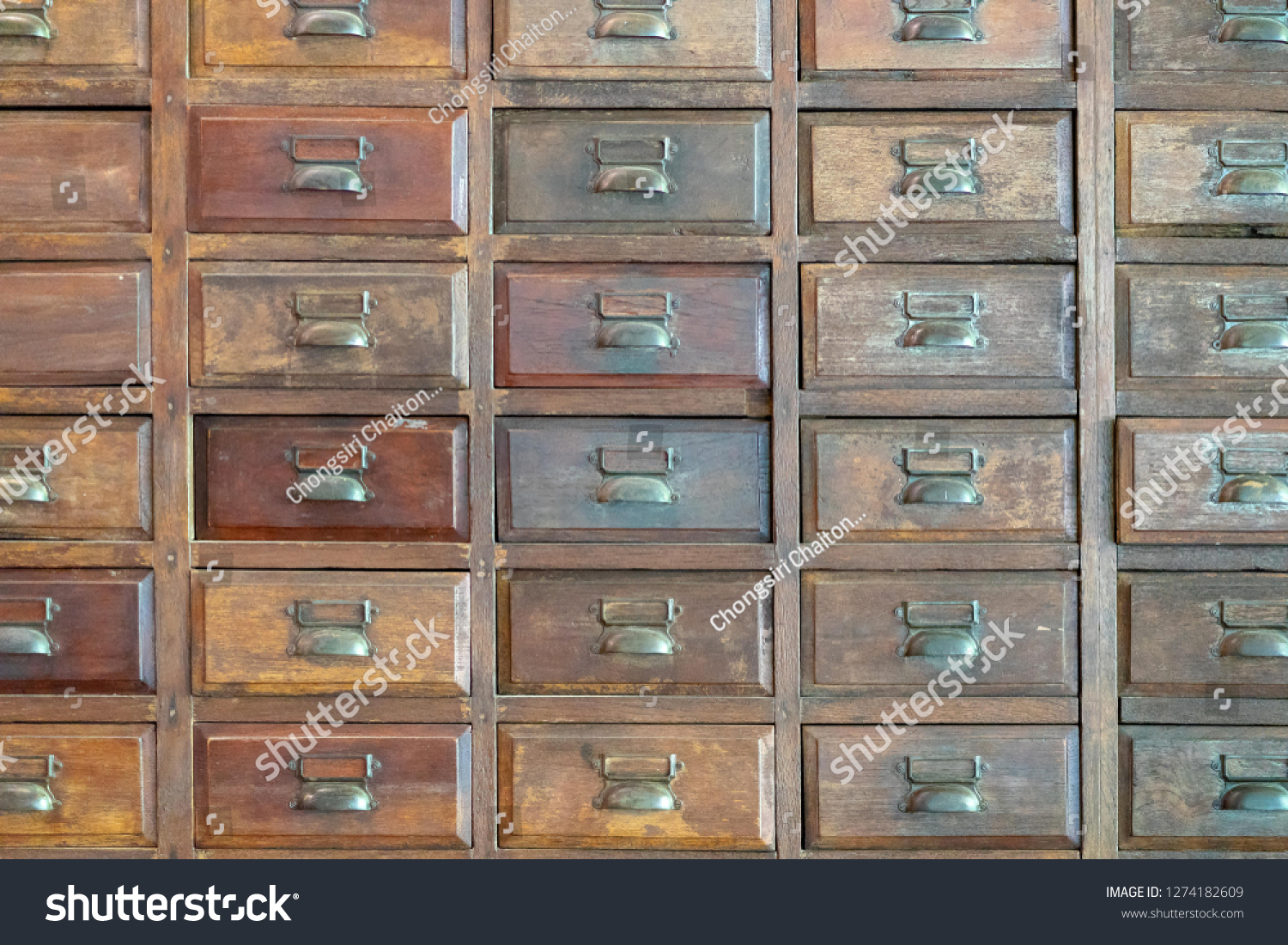 Primitive Wooden Apothecary Catalog Cabinet Partially Stock Photo