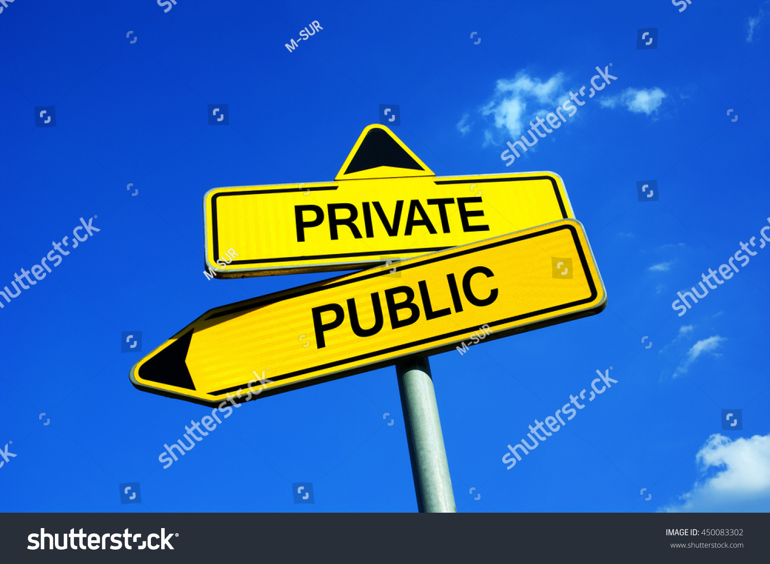 Private or Public - Traffic sign with two options - services and companies owned by state or private businessman. Socialist / Capitalist question of privatization, school system, health service
