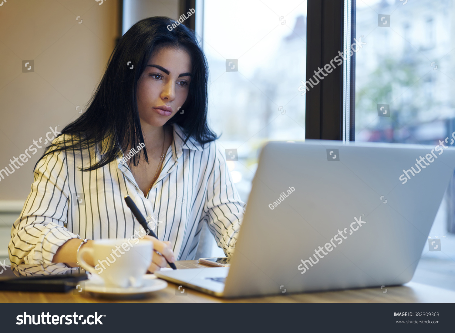 Business Woman Searching Information On Internet Stock Vector