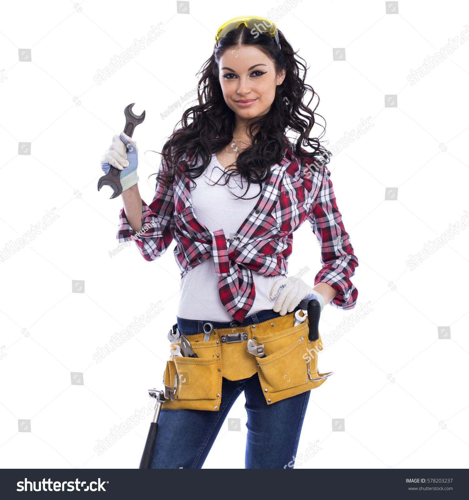 Project Satisfaction Sexy Brunette Woman Mechanic Stock Photo (Edit Now ...