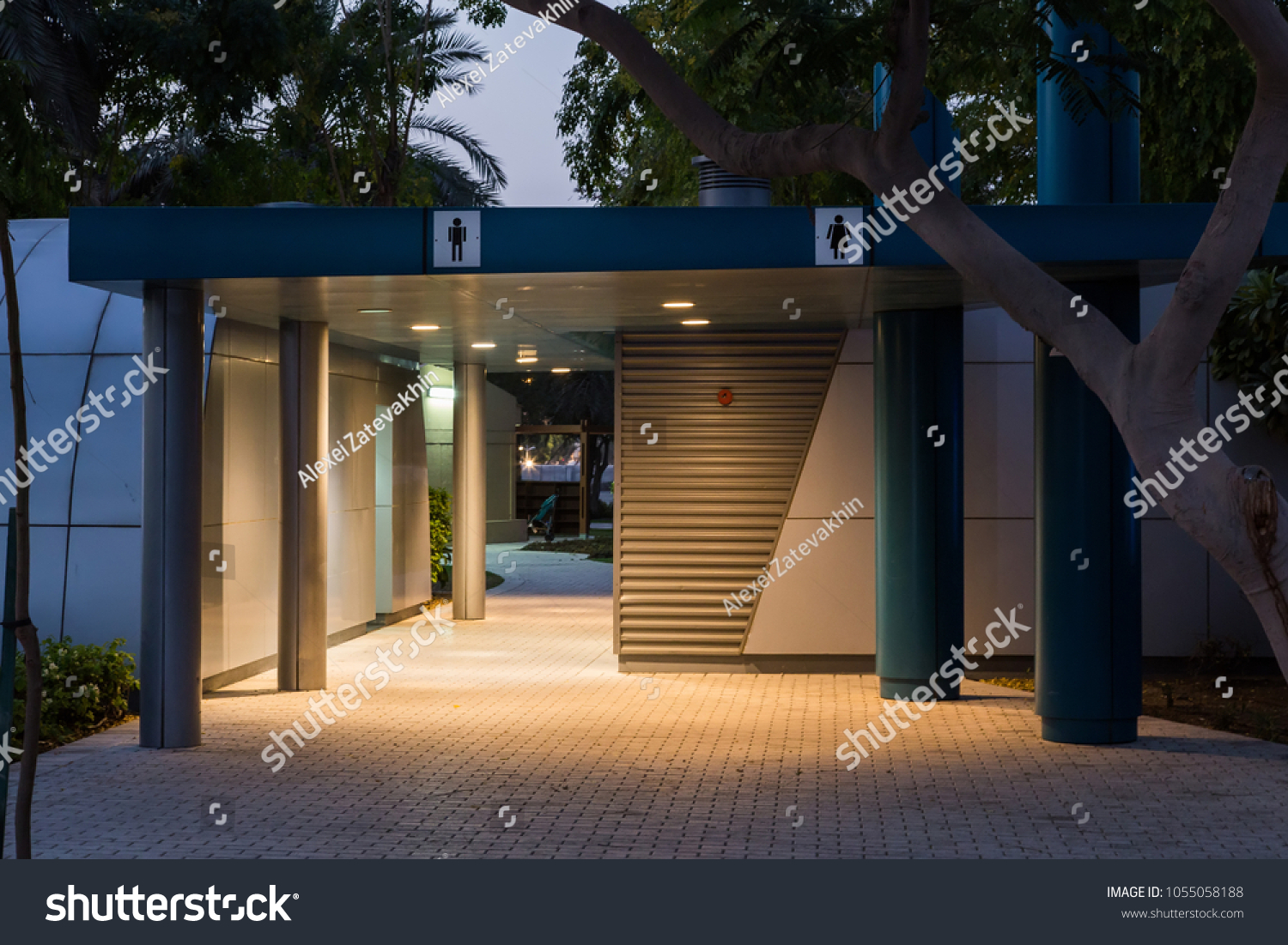 Stock Photo Public Toilet In The City Park In The Evening 1055058188 