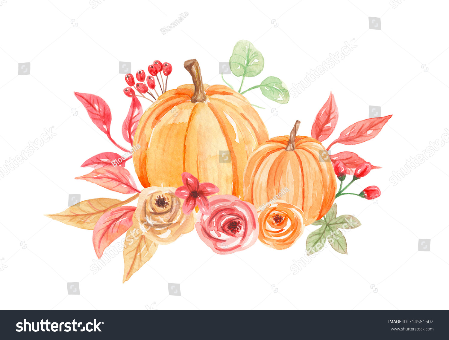 Download Pumpkins Floral Watercolor Autumn Fall Hand Stock Illustration 714581602