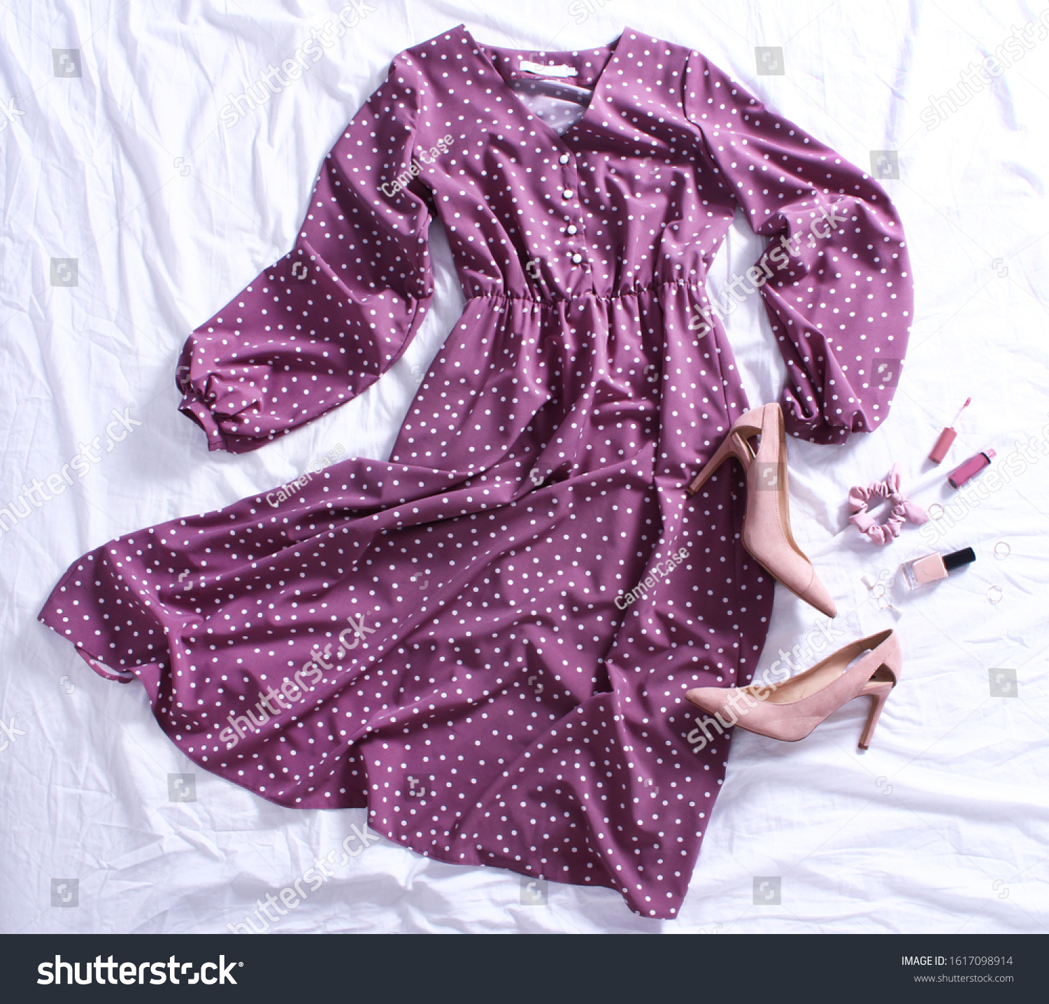 purple dress with white polka dots