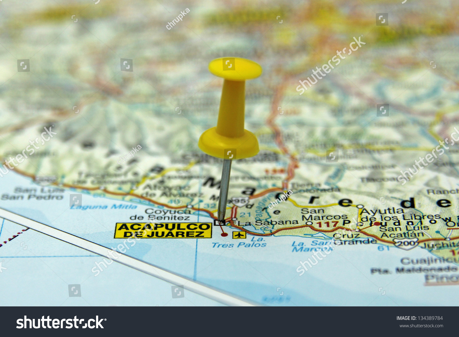 Stock Photo Push Pin On A Tourist Map Acapulco Mexico 134389784 